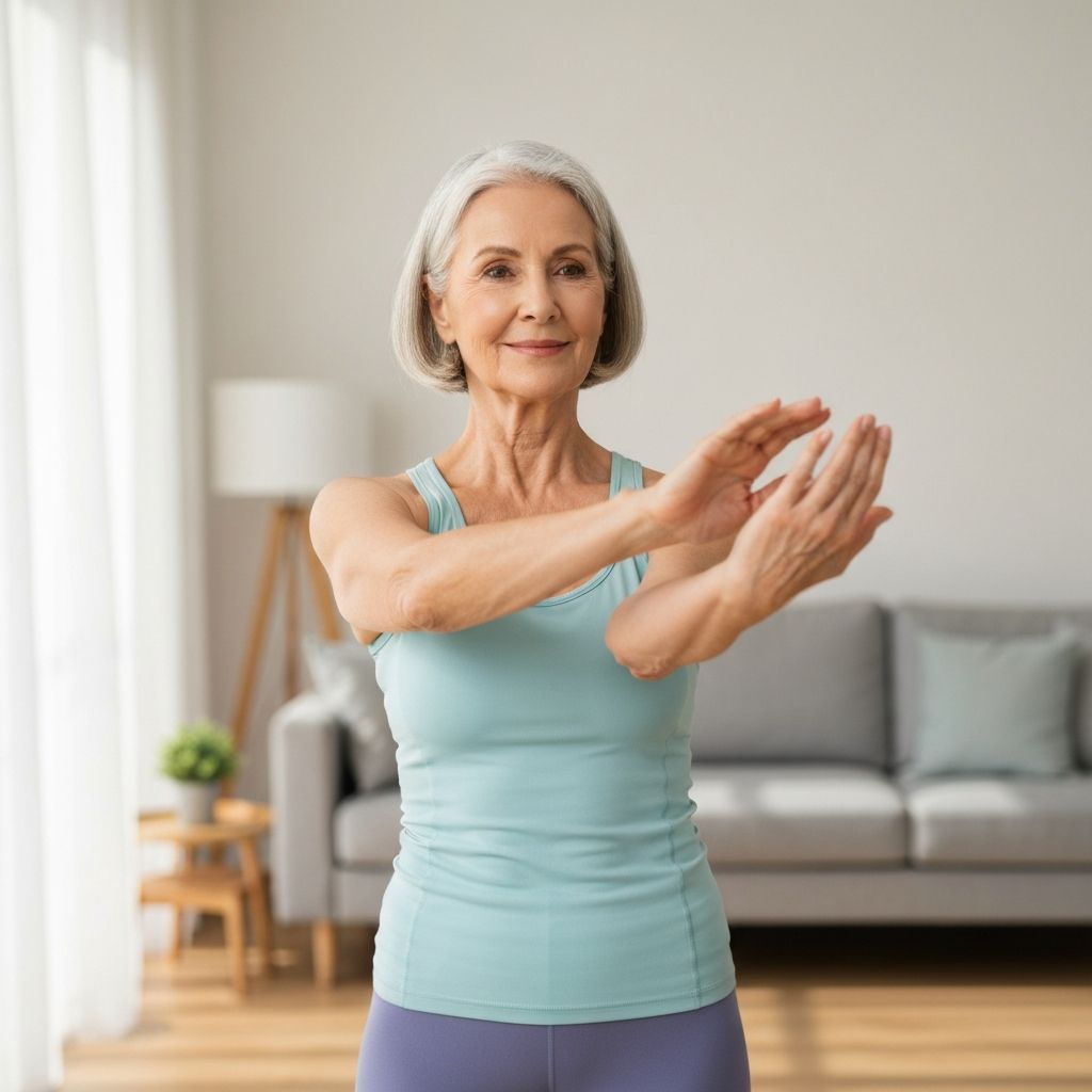Senior showing arm and wrist stretching technique