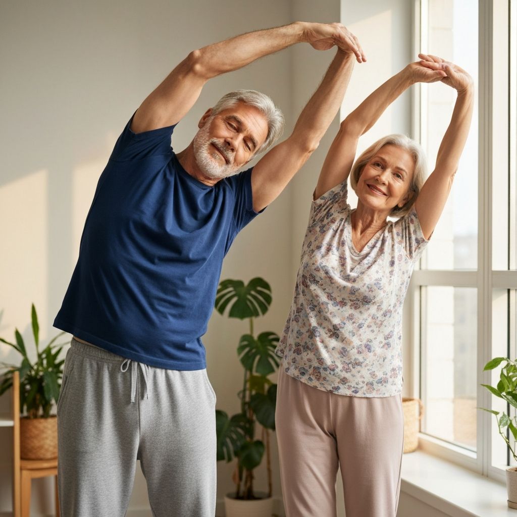 Senior enjoying gentle morning stretching routine